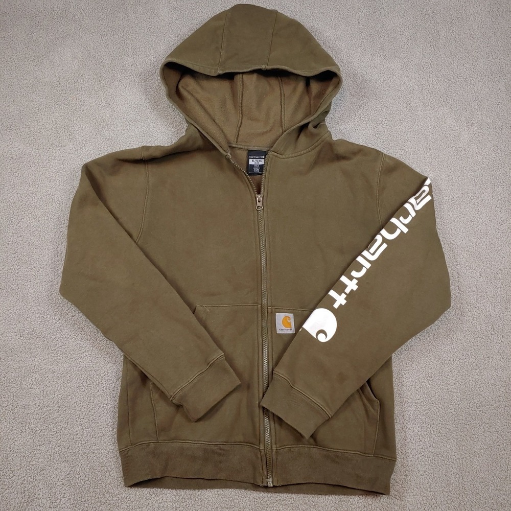 Carhartt Full Zip Hoodie - Boys XL Brown Graphic Sleeve Logo TS8564-B - Hooded